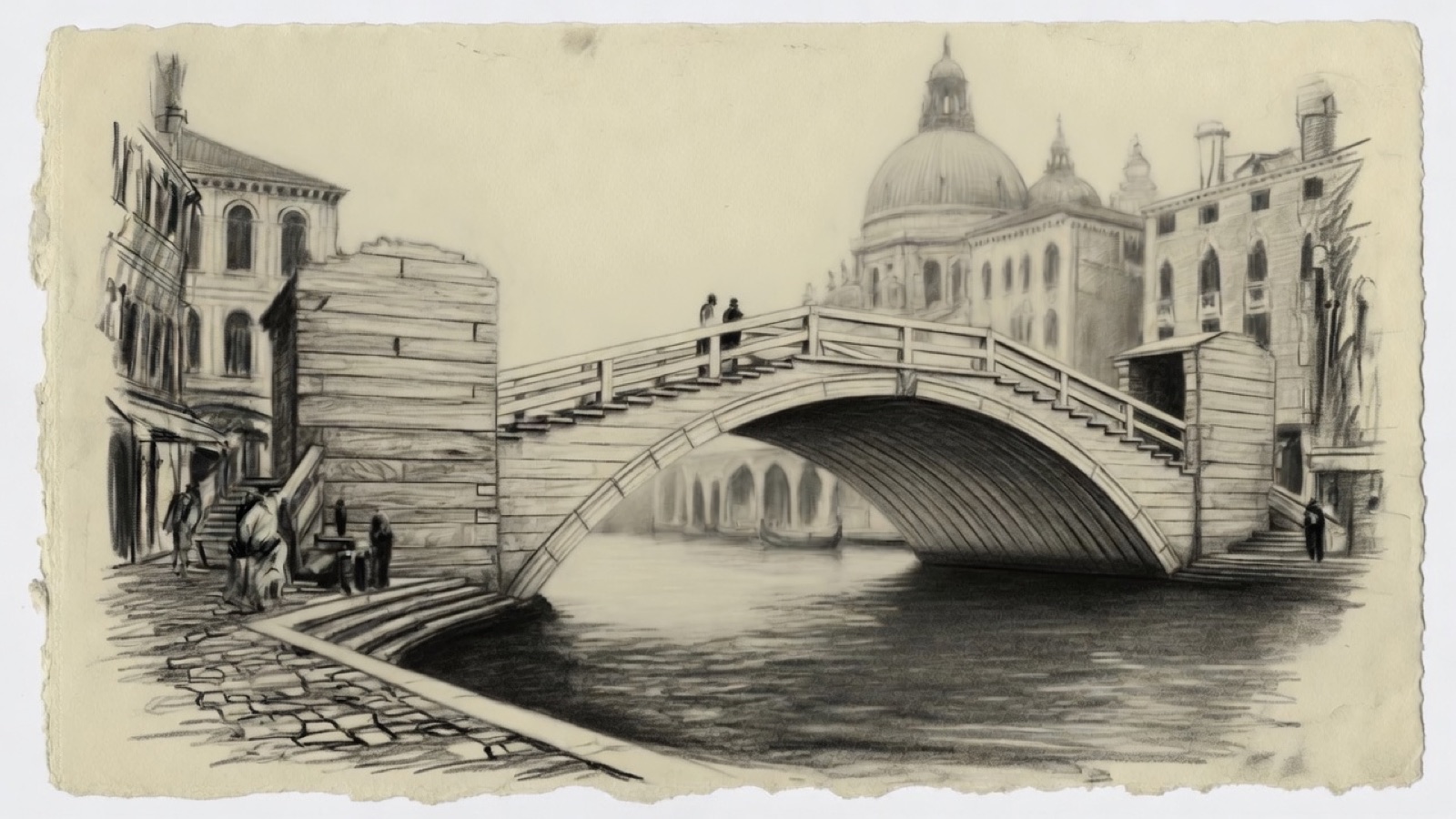 Charcoal drawing of the wooden Accademia bridge over the Grand Canal, with the dome of the Salute behind.
