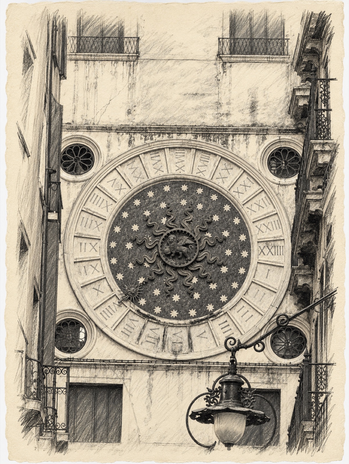Charcoal study of the north face of St Mark’s Clock Tower, with stars, a central winged lion and an offset sun hand