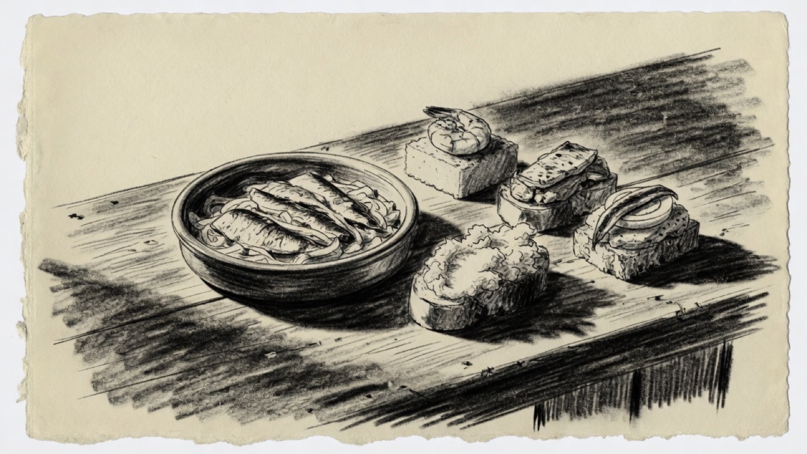 Charcoal illustration of Venetian small bites served with a drink