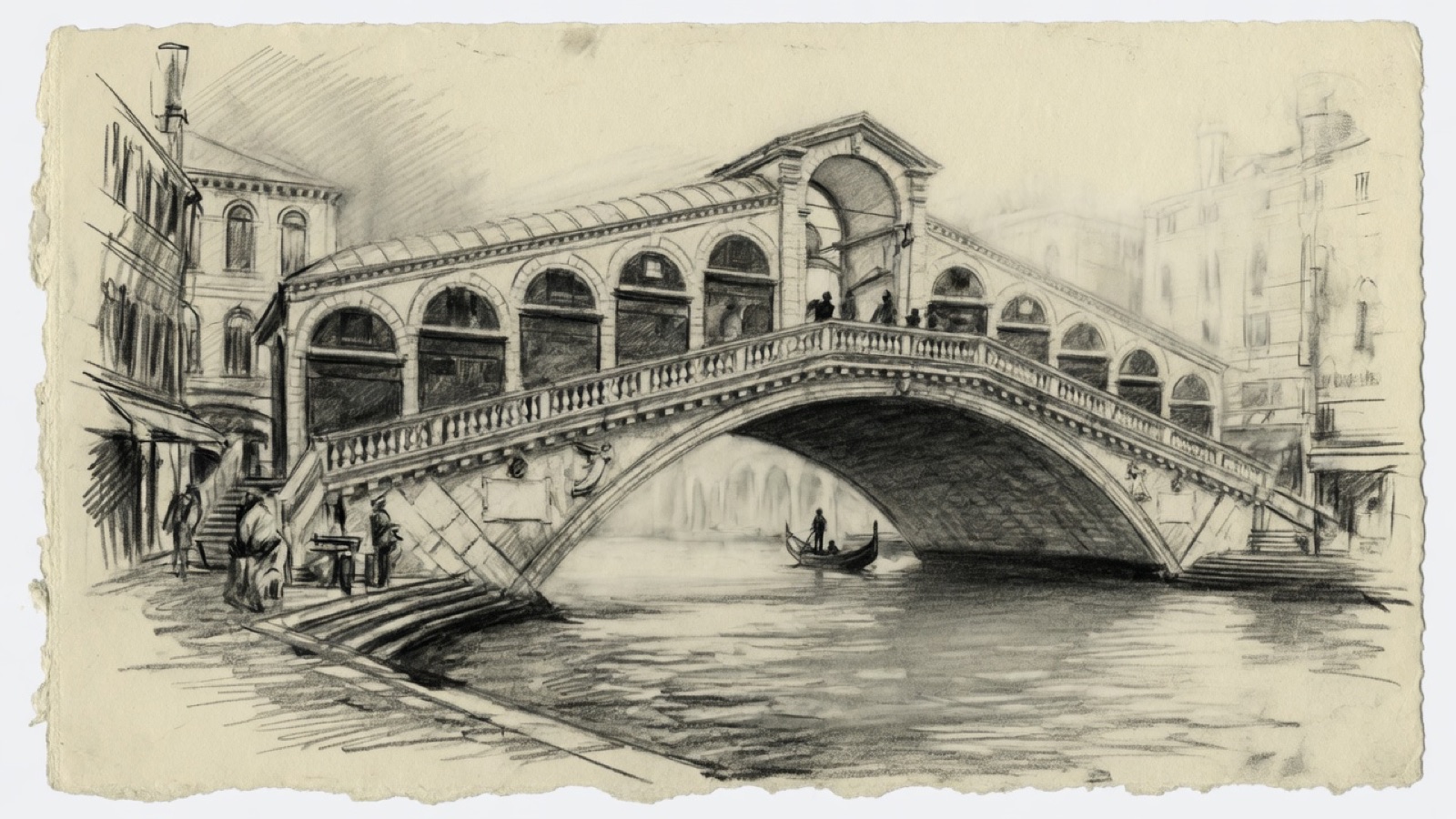Charcoal drawing of Rialto Bridge and its rows of shops.